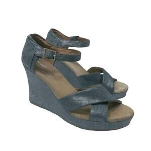 TOMS Sienna Denim Metallic Strappy Wedge Sandal Vacation Size 9.5